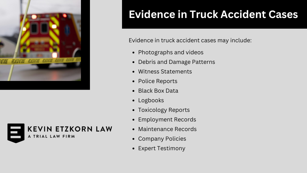 An image titled "Evidence in Truck Accident Cases," featuring a list of potential evidence types such as photographs, black box data, and expert testimony. The left side shows an emergency vehicle scene with caution tape. The bottom-left corner displays the logo for Kevin Etzkorn Law, a St. Louis truck accident law firm.