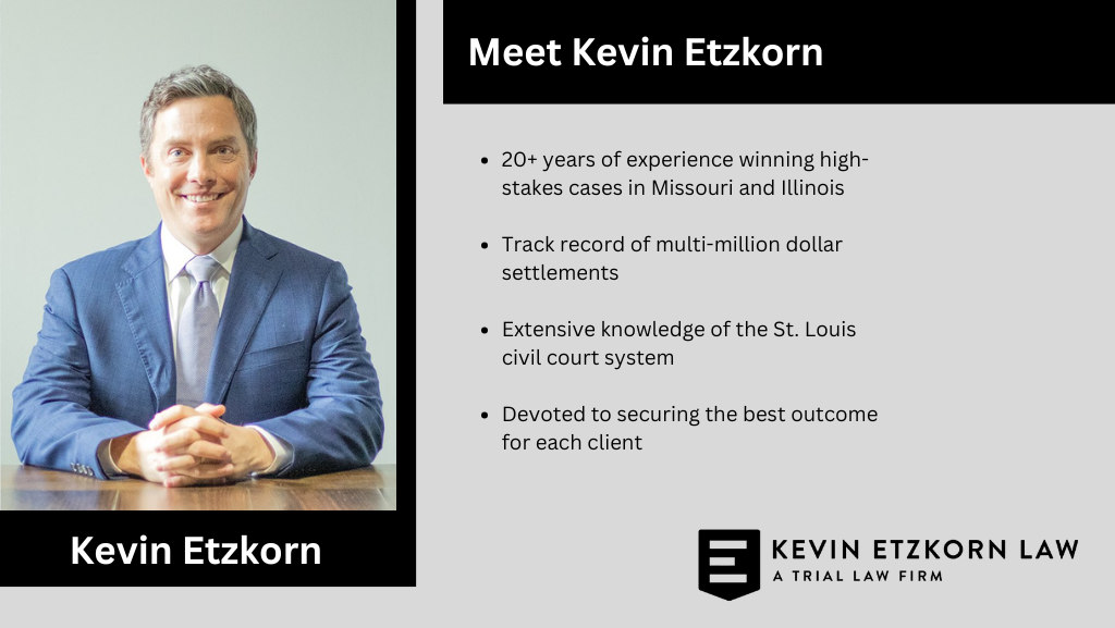 Professional portrait of Kevin Etzkorn, a St. Louis truck accident lawyer, with text highlighting his 20+ years of experience, multi-million dollar settlements, extensive knowledge of the St. Louis civil court system, and dedication to client outcomes. Includes Kevin Etzkorn Law logo.