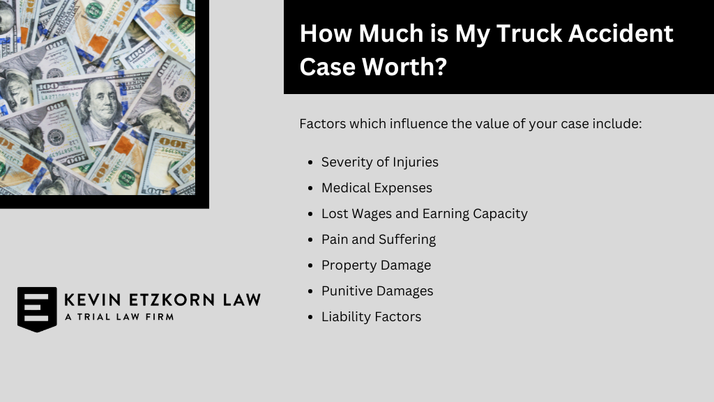 Graphic with the title 'How Much is My Truck Accident Case Worth?' and a list of factors influencing case value, including severity of injuries, medical expenses, lost wages, and more, alongside the logo for Kevin Etzkorn Law, a trial law firm.