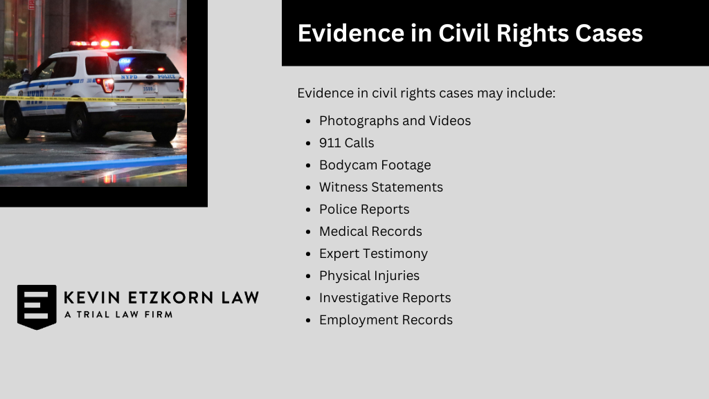 Infographic by Kevin Etzkorn Law, a St. Louis civil rights lawyer, outlining evidence used in civil rights cases, including photographs, videos, 911 calls, bodycam footage, witness statements, and police reports.