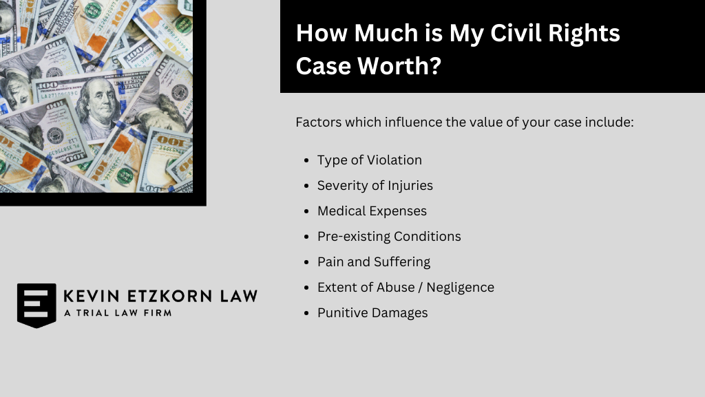 Infographic on civil rights case valuation by Kevin Etzkorn Law, a St. Louis civil rights attorney, featuring factors such as type of violation, severity of injuries, medical expenses, and punitive damages.